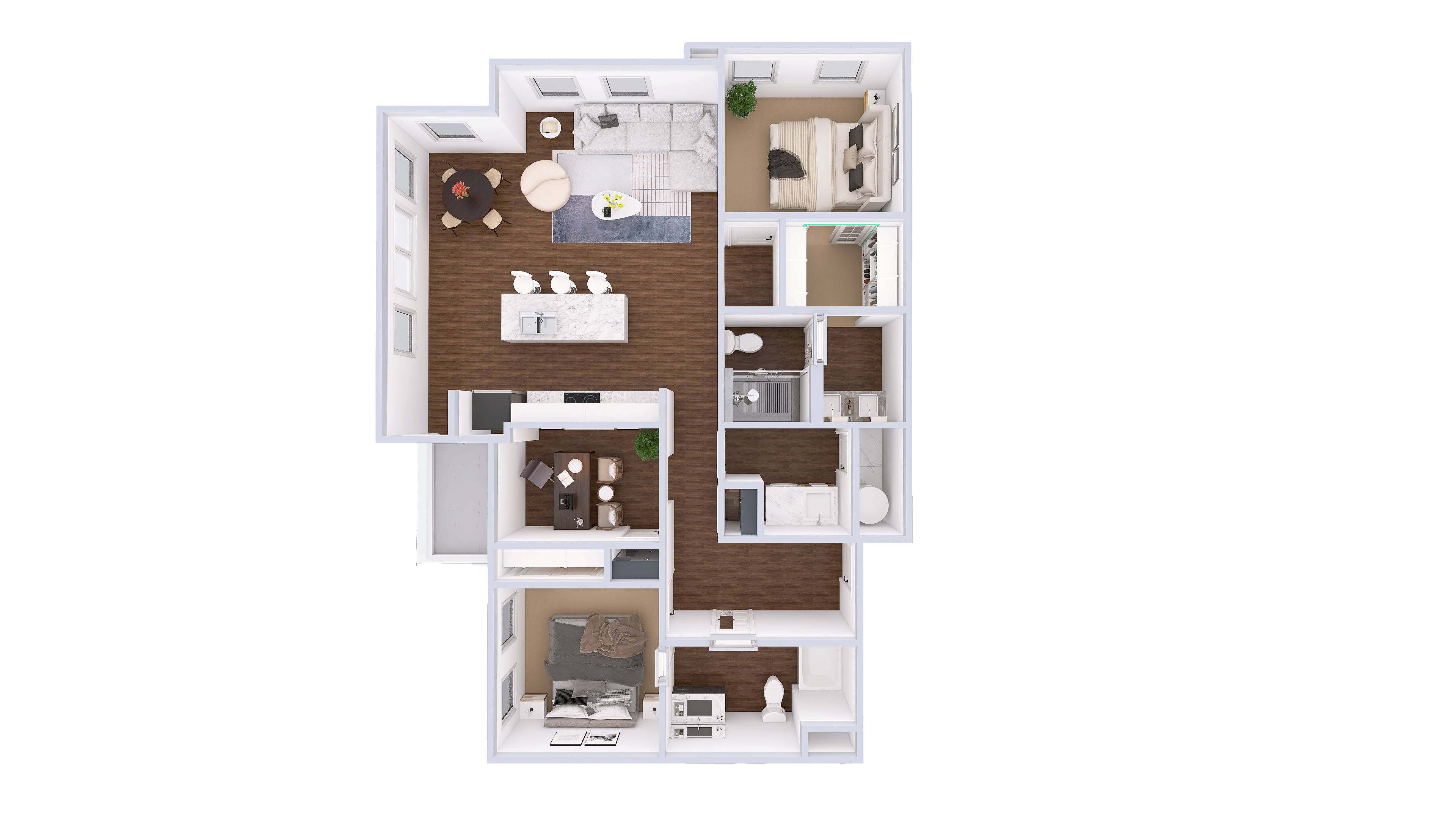 Floor plan for 2 beds, 2 baths, 1357 sqft