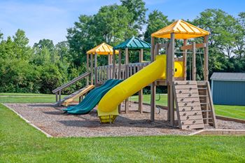 Playground with a yellow and blue slide