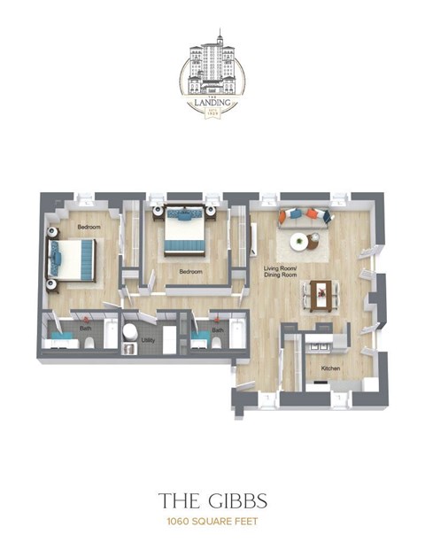 Floor plan for 2 beds, 2 baths, 1279 sqft
