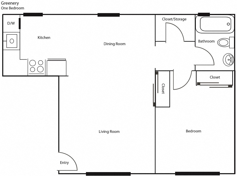 Floor plan for 1 bed, 1 bath, 800 sqft