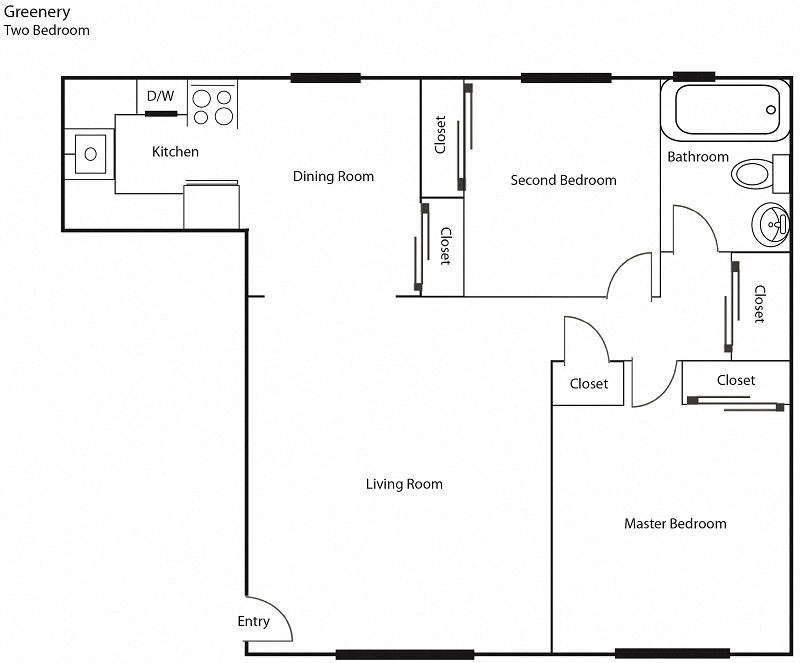 Floor plan for 2 beds, 1 bath, 950 sqft