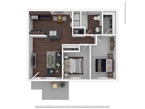 Floor plan for 2 beds, 1 bath, 853 sqft