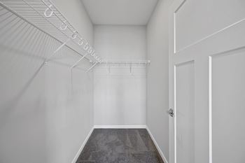 An empty closet with white walls and a door