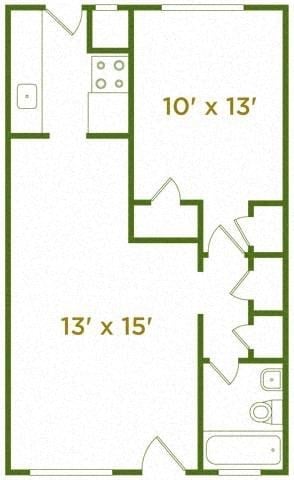 Floor plan for 1 bed, 1 bath, 585 sqft