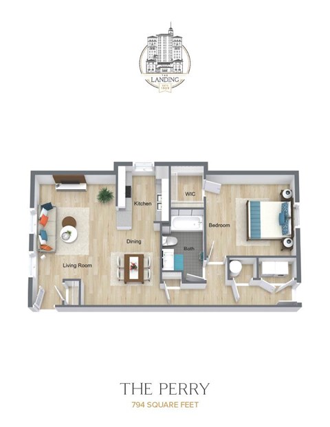 Floor plan for 1 bed, 1 bath, 794 sqft