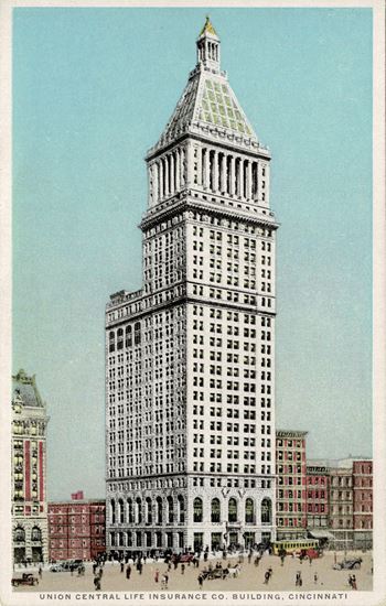 A tall building with a spire on top is the union central life insurance co. Building in cincinnati.