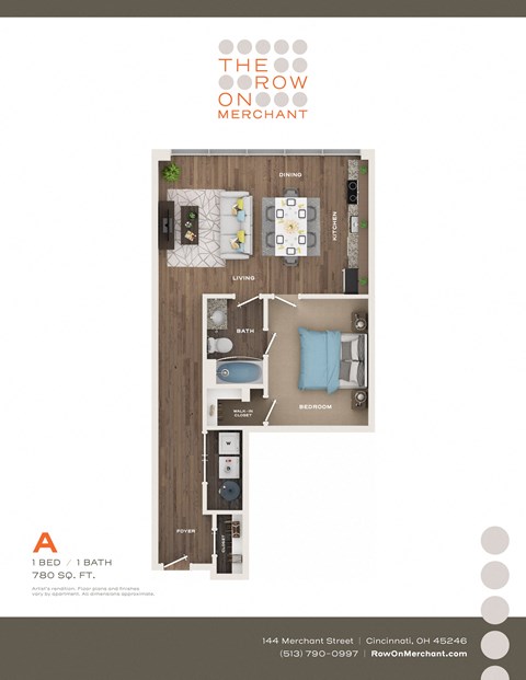 Floor plan for 1 bed, 1 bath, 780 sqft