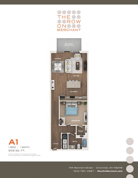 Floor plan for 1 bed, 1 bath, 906 sqft
