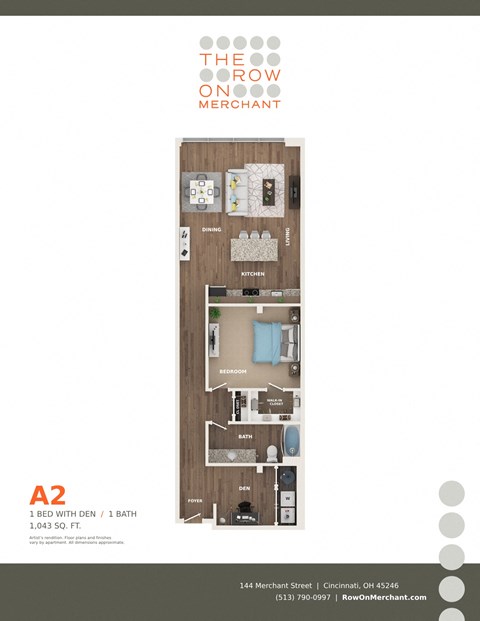 Floor plan for 1 bed, 1 bath, 1043 sqft
