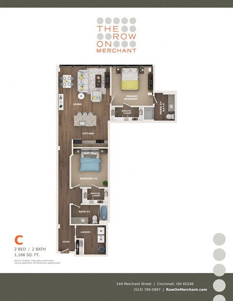 Floor plan for 2 beds, 2 baths, 1166 sqft