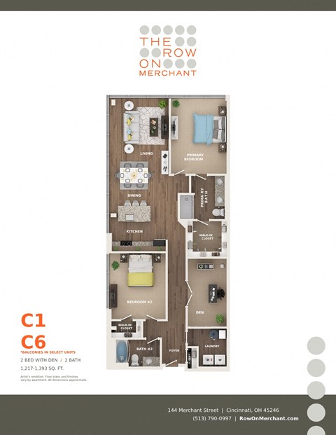 Floor plan for 2 beds, 2 baths, 1217 sqft