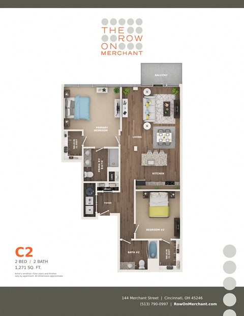 Floor plan for 2 beds, 2 baths, 1271 sqft