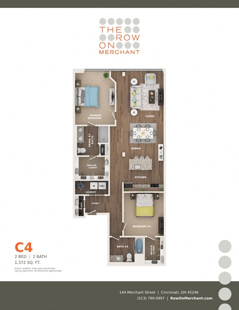 Floor plan for 2 beds, 2 baths, 1372 sqft