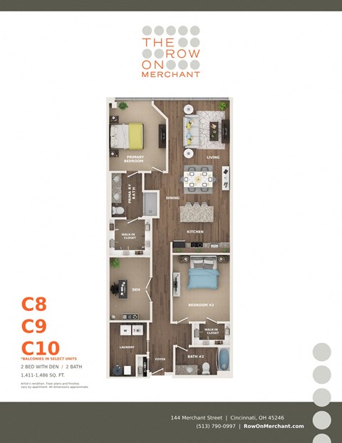 Floor plan for 2 beds, 2 baths, 1443 sqft