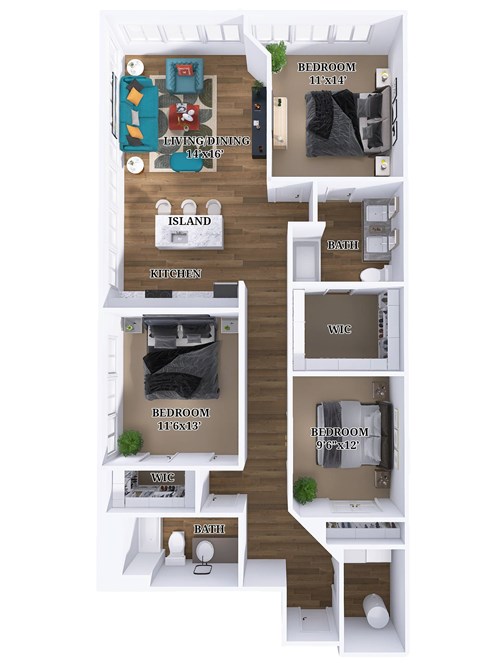 Floor plan for 3 beds, 2 baths, 1556 sqft