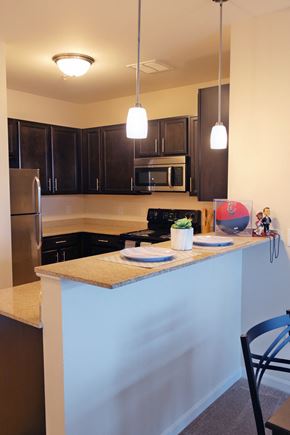 Cincinnati apartment for rent - a kitchen with black cabinets and a counter top