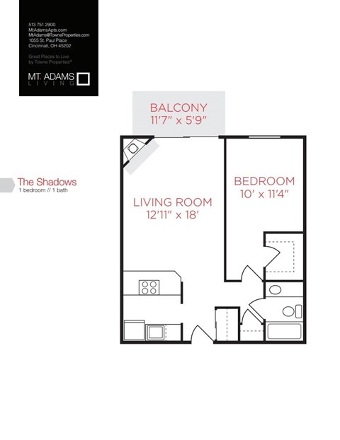 Floor plan for 1 bed, 1 bath, 650 sqft