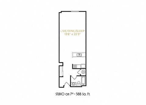 Floor plan for studio, 1 bath, 588 sqft