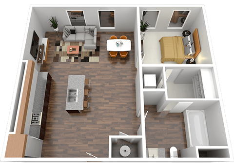 Floor plan for 1 bed, 1 bath, 686 sqft