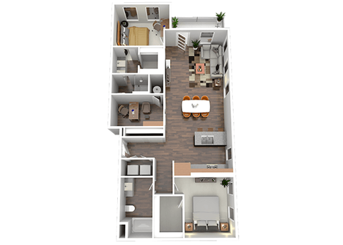 Floor plan for 2 beds, 2 baths, 1329 sqft