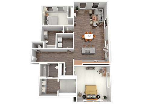 Floor plan for 2 beds, 2 baths, 1385 sqft