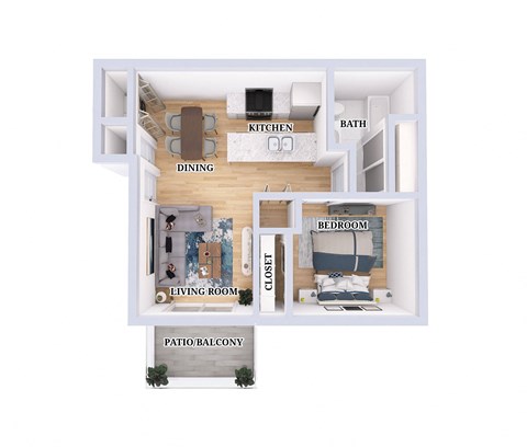 Floor plan for 1 bed, 1 bath, 627 sqft