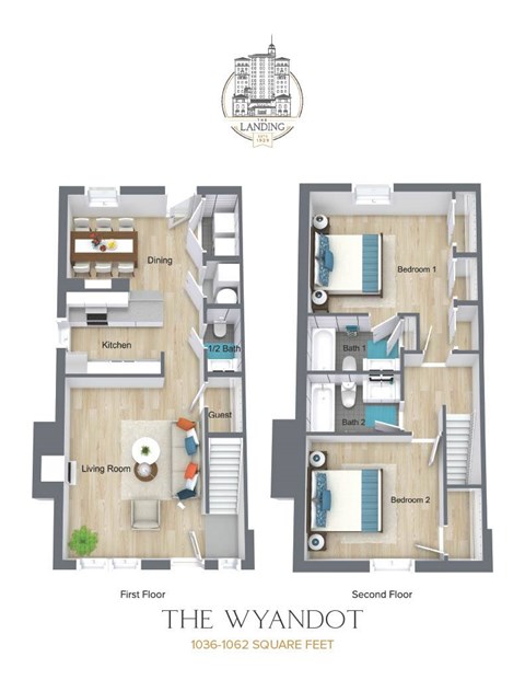 Floor plan for 2 beds, 2.5 baths, 1062 sqft