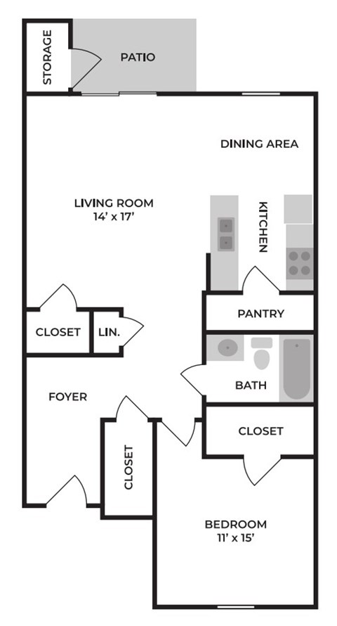 Floor plan for 1 bed, 1 bath, 886 sqft