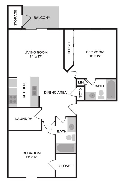 Floor plan for 2 beds, 2 baths, 957 sqft