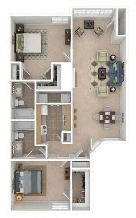 Floor plan for 2 beds, 2 baths, 1070 sqft