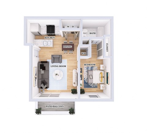 Floor plan for 1 bed, 1 bath, 599 sqft