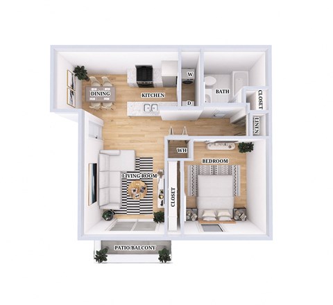 Floor plan for 1 bed, 1 bath, 676 sqft