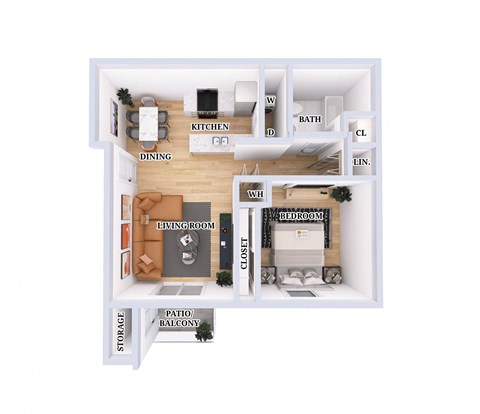 Floor plan for 1 bed, 1 bath, 745 sqft