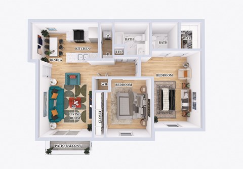 Floor plan for 2 beds, 1.5 baths, 907 sqft