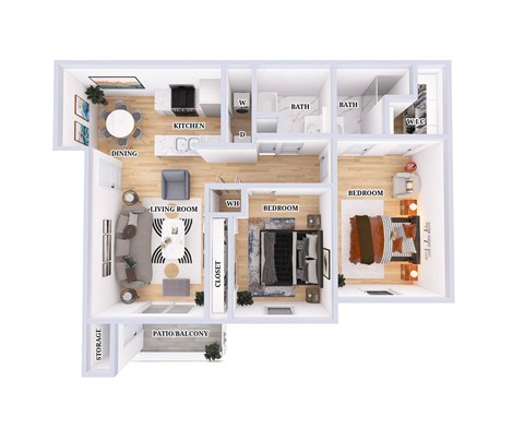 Floor plan for 2 beds, 2 baths, 1035 sqft