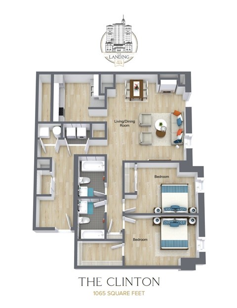 Floor plan for 2 beds, 2.5 baths, 818 sqft