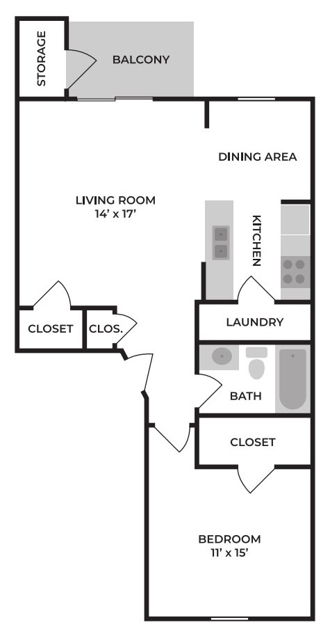 Floor plan for 1 bed, 1 bath, 725 sqft