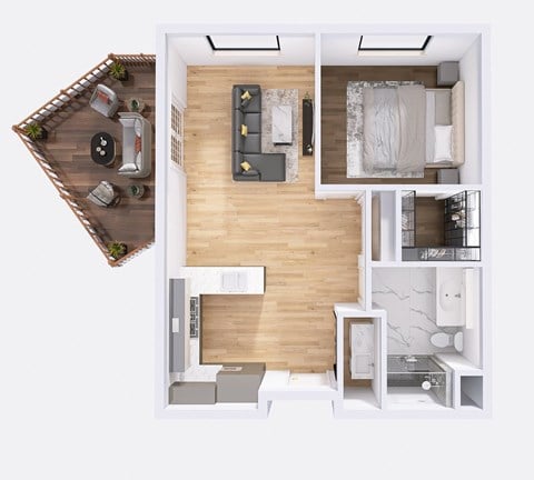 Floor plan for 1 bed, 1 bath, 716 sqft