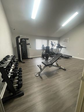 Oregon apartment for rent - A gym with a variety of equipment including weights and a bench press.