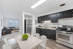 Dayton apartment for rent - a kitchen and dining room with black cabinets and stainless steel appliances