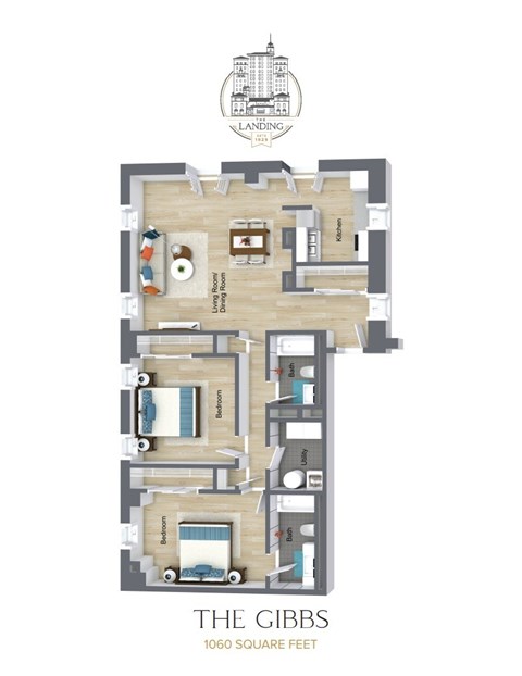 Floor plan for 2 beds, 2 baths, 1279 sqft