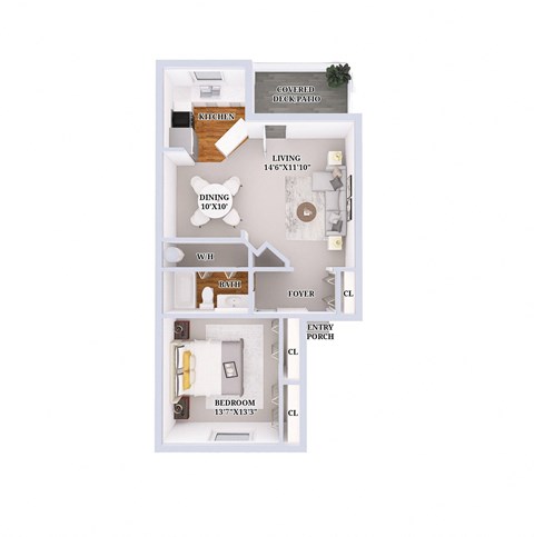 Floor plan for 1 bed, 1 bath, 725 sqft
