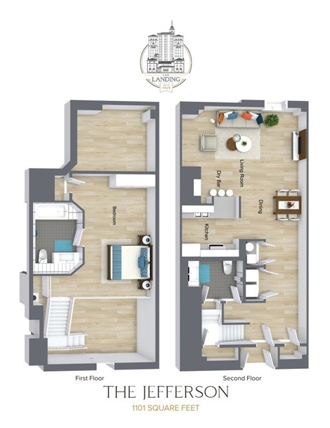 Floor plan for 1 bed, 1.5 baths, 1011 sqft