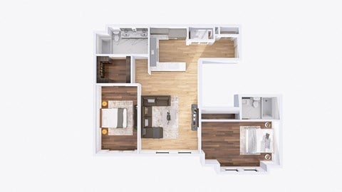 Floor plan for 2 beds, 2 baths, 1039 sqft