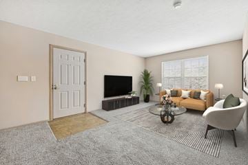 Columbus apartment for rent - A living room with a grey carpet and a white door.