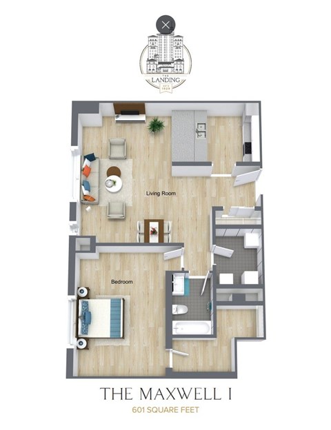 Floor plan for 1 bed, 1 bath, 601 sqft