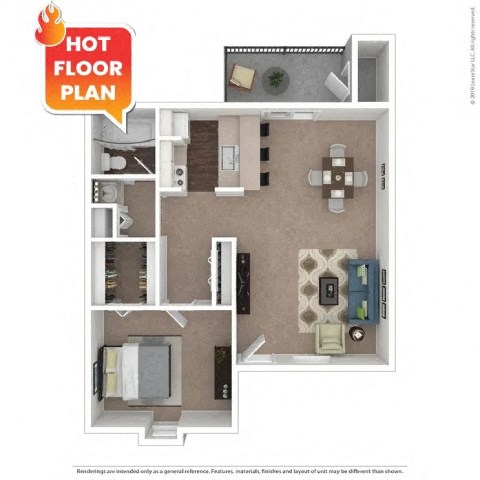 Floor plan for 1 bed, 1 bath, 647 sqft