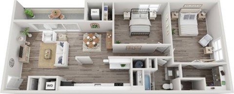 Floor plan for 2 beds, 1.5 baths, 969 sqft