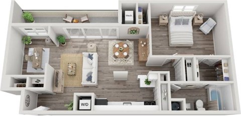 Floor plan for 1 bed, 1 bath, 917 sqft