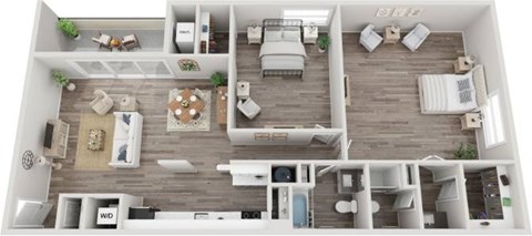 Floor plan for 2 beds, 2 baths, 1052 sqft